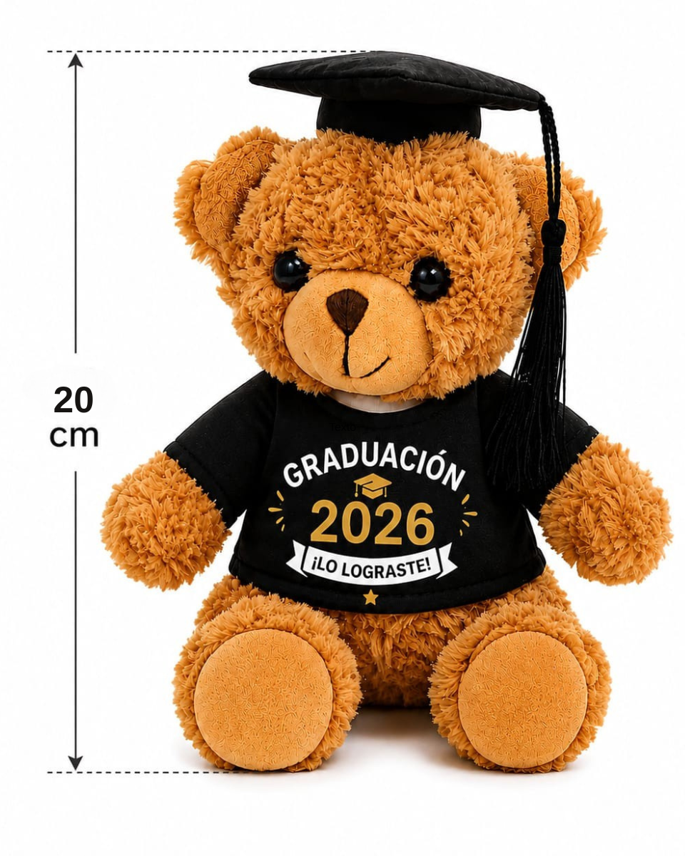 Oso de Peluche Graduado 18cm Personalizado - Regalo de Graduación con Túnica y Birrete - Impresión DTF