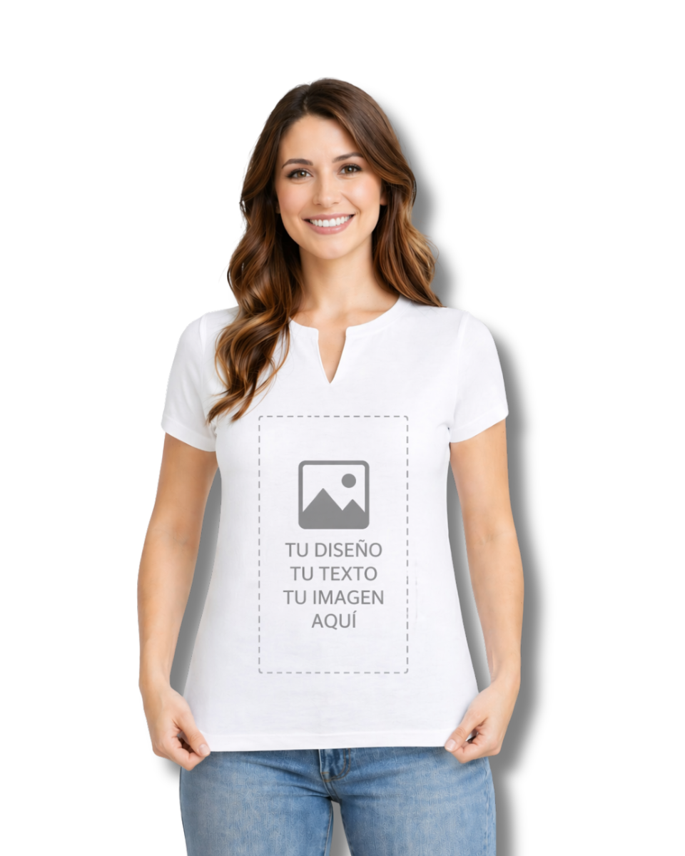 Camiseta Mujer con Cuello en V Abierto -Manga Corta Personalizada con Diseño Libre a Todo Color