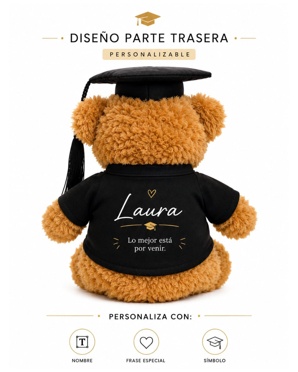 Oso de Peluche Graduado 18cm Personalizado - Regalo de Graduación con Túnica y Birrete - Impresión DTF