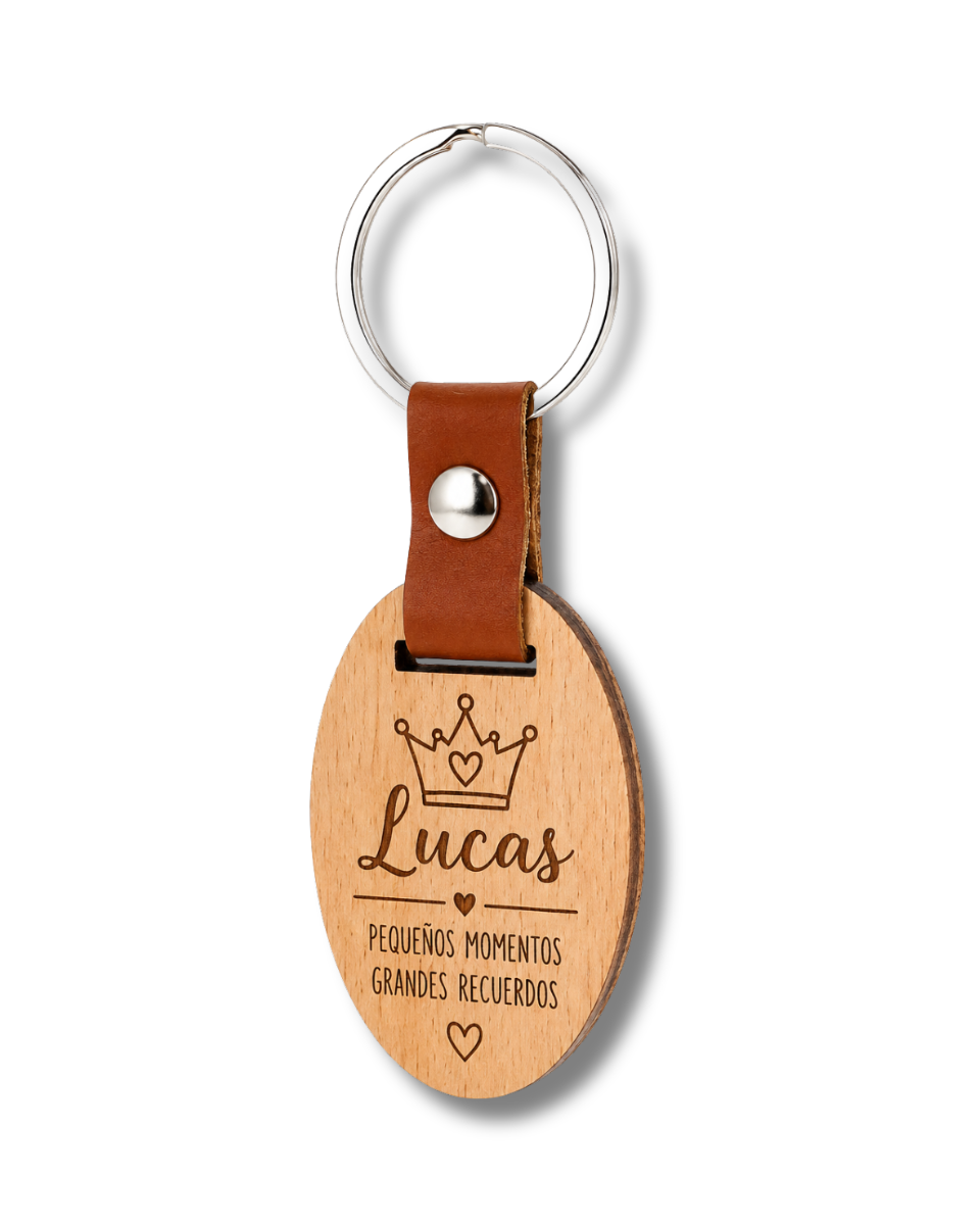Llavero Ovalado de Madera y Cuero Personalizado - Grabado Láser para Nombres, Logos - Estilo Rústico