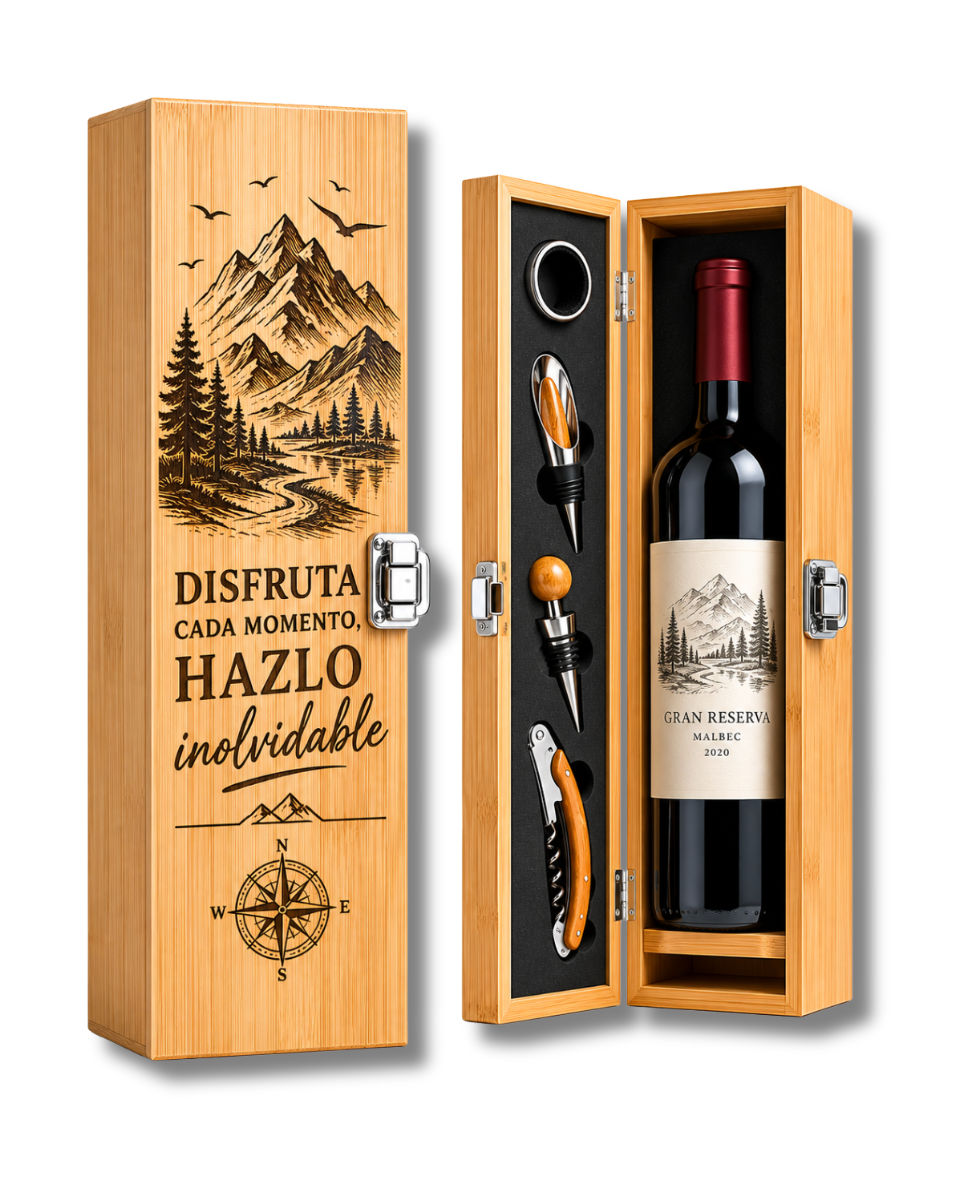 Estuche de Vino en Bambú con Accesorios - Caja Regalo para Botella Personalizada Láser - Set de Sommelier con Sacacorchos y Tapón