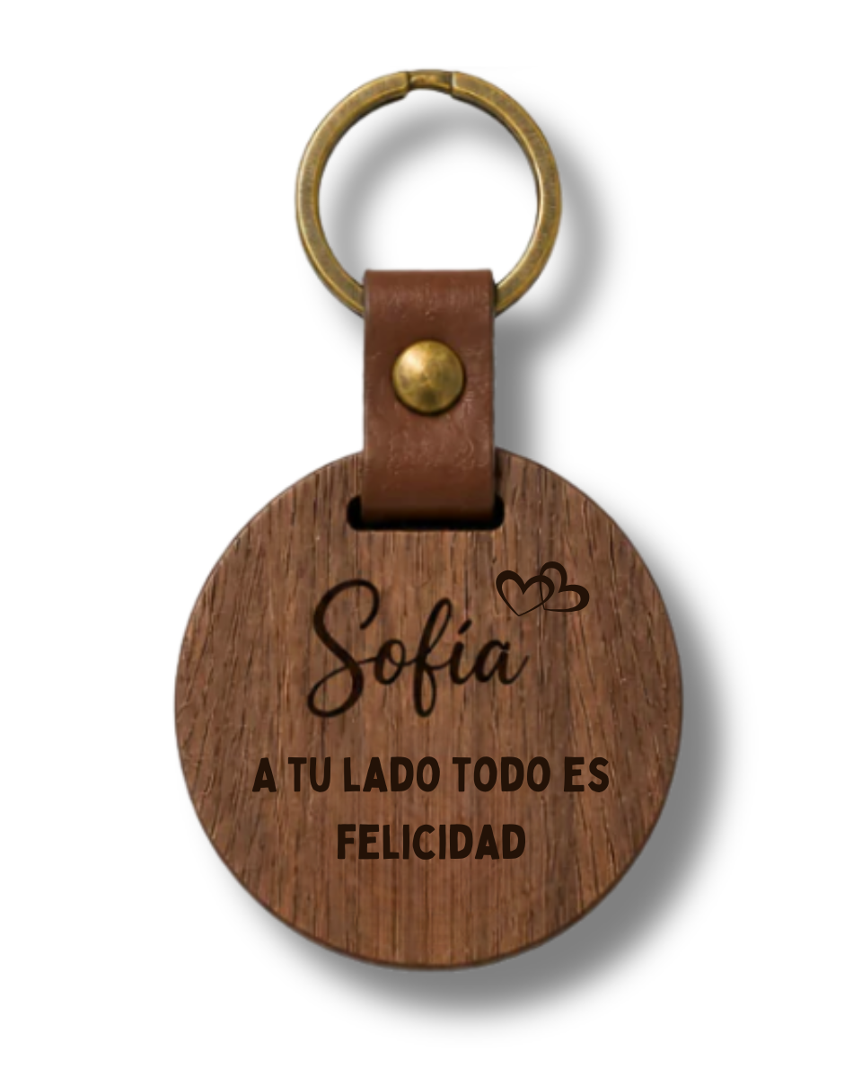 Llavero Circular de Madera y Cuero Marrón - Grabado Láser Personalizado - Estilo Orgánico Vintage