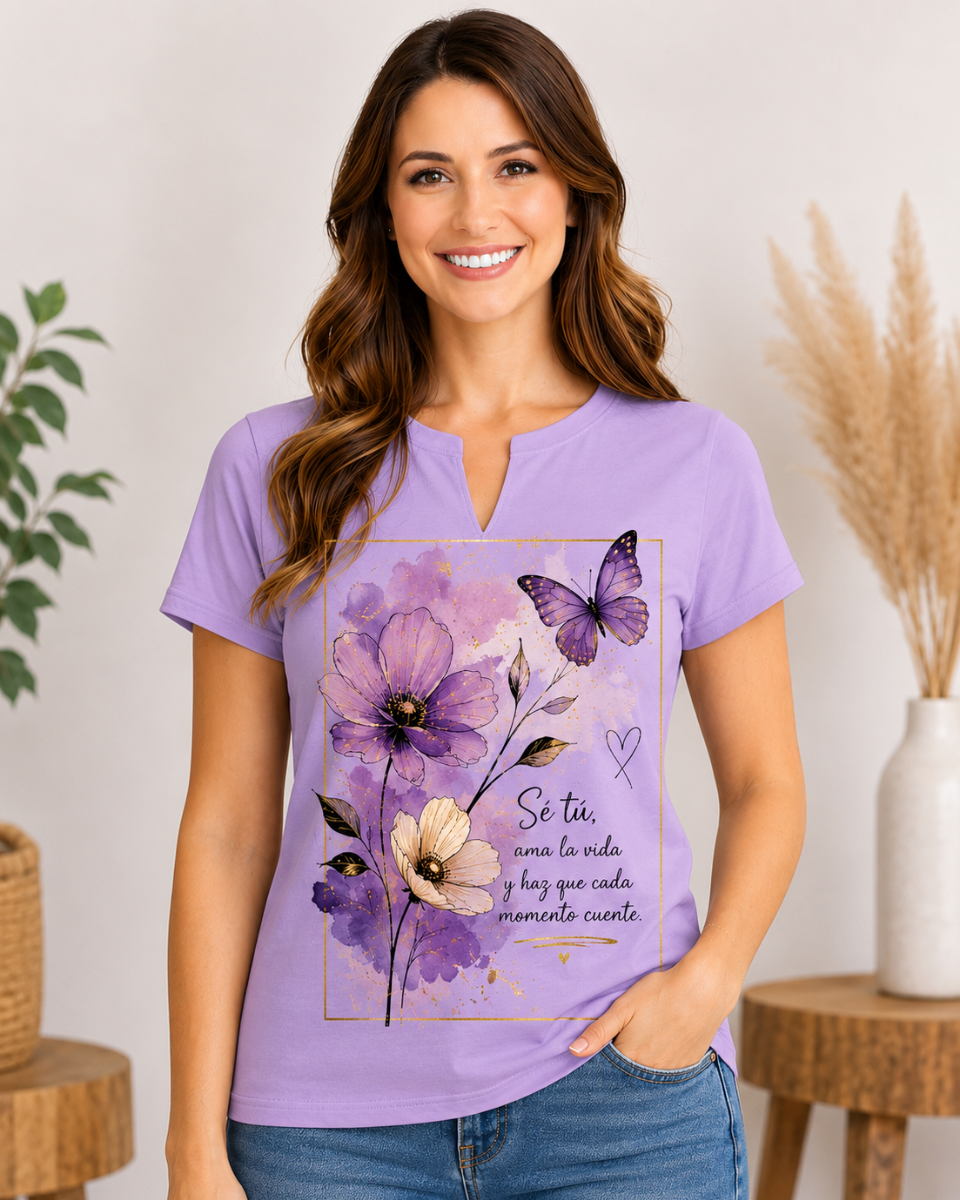 Camiseta Mujer con Cuello en V Abierto -Manga Corta Personalizada con Diseño Libre a Todo Color