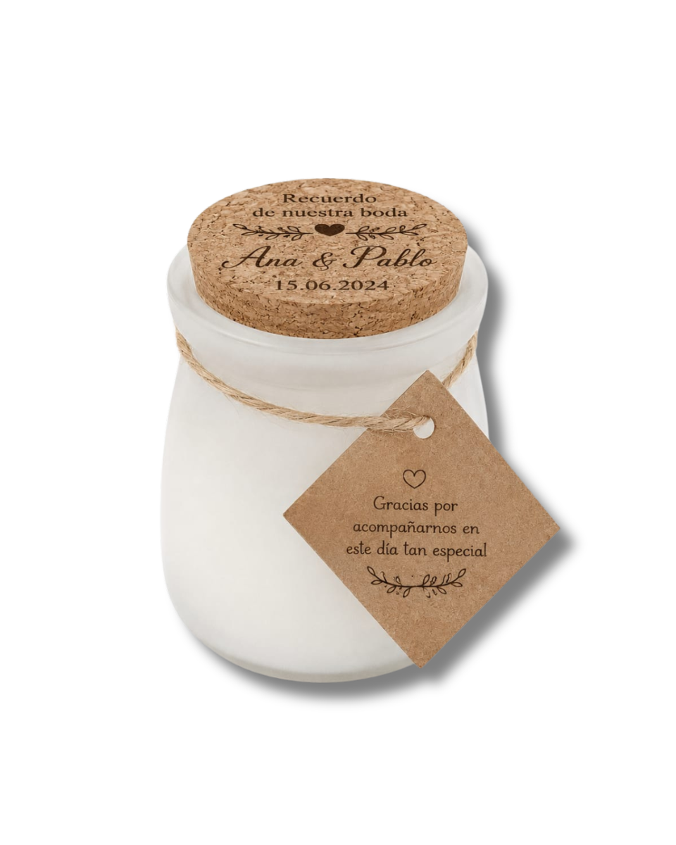 Velas de Cristal para Bodas con Tapa de Corcho Personalizadas - Grabado Láser de Texto e Iconos - Detalles y Recuerdos en Lote de 10 unidades