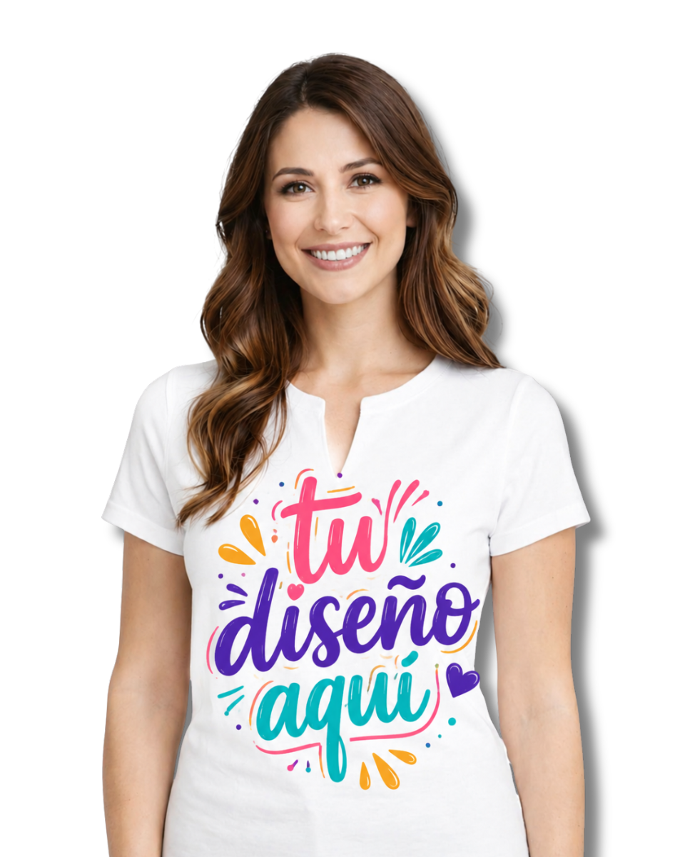 Camiseta Mujer con Cuello en V Abierto -Manga Corta Personalizada con Diseño Libre a Todo Color
