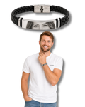 Pulsera con mirada Personalizada  - Cuero Negro y Placa de Metal - Grabado de Nombre o Texto