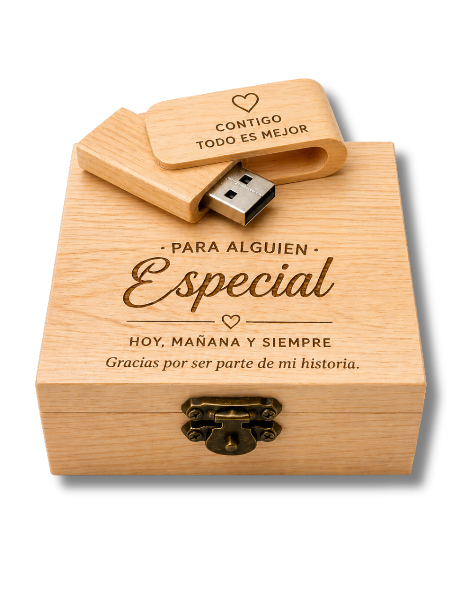 Set Pendrive de Madera 16GB + Baúl Personalizado | Grabado Láser de Alta Precisión