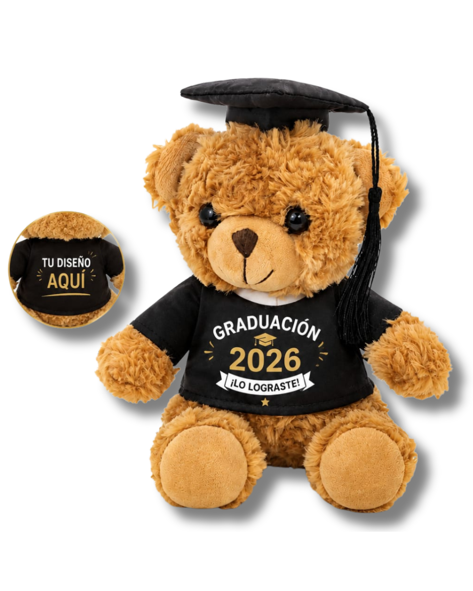 Oso de Peluche Graduado 18cm Personalizado - Regalo de Graduación con Túnica y Birrete - Impresión DTF