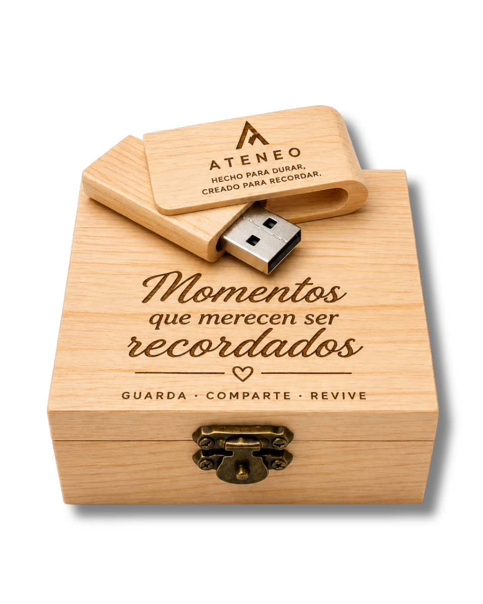 Set Pendrive de Madera 16GB + Baúl Personalizado | Grabado Láser de Alta Precisión