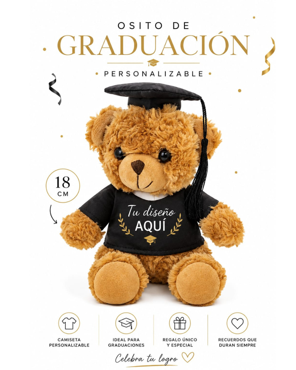 Oso de Peluche Graduado 18cm Personalizado - Regalo de Graduación con Túnica y Birrete - Impresión DTF