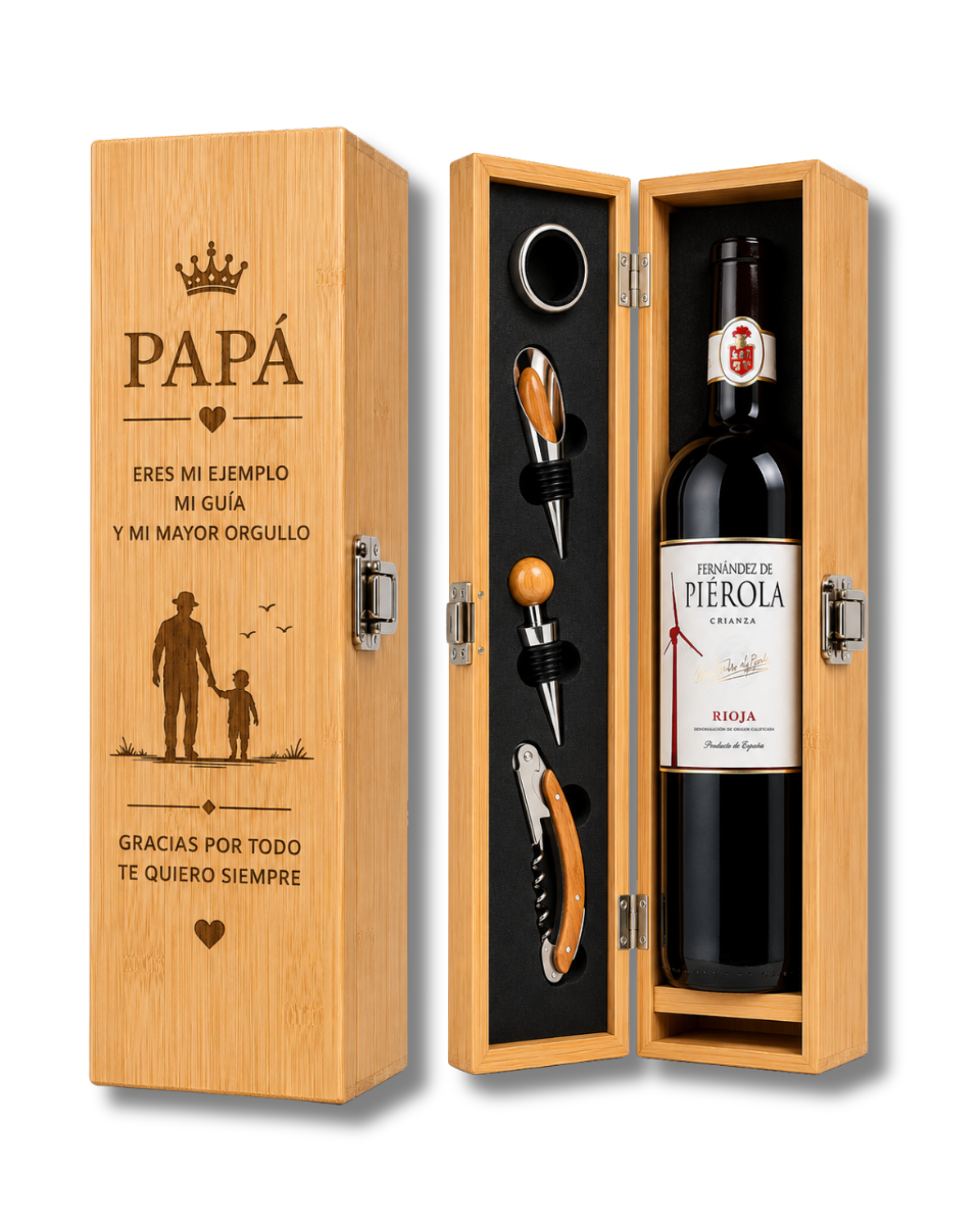 Estuche de Vino en Bambú con Accesorios - Caja Regalo para Botella Personalizada Láser - Set de Sommelier con Sacacorchos y Tapón