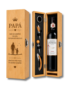 Estuche de Vino en Bambú con Accesorios - Caja Regalo para Botella Personalizada Láser - Set de Sommelier con Sacacorchos y Tapón
