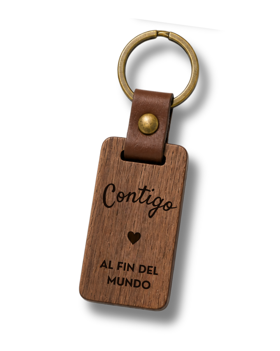 Llavero Rectangular Alargado de Madera y Cuero - Personalizable con Grabado Láser - Acabado Artesanal Rústico