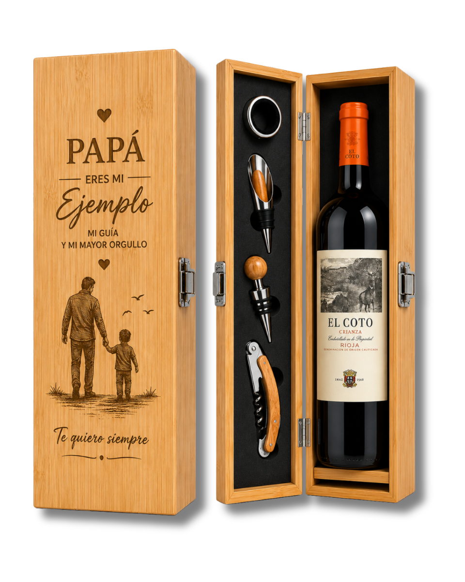 Estuche de Vino en Bambú con Accesorios - Caja Regalo para Botella Personalizada Láser - Set de Sommelier con Sacacorchos y Tapón