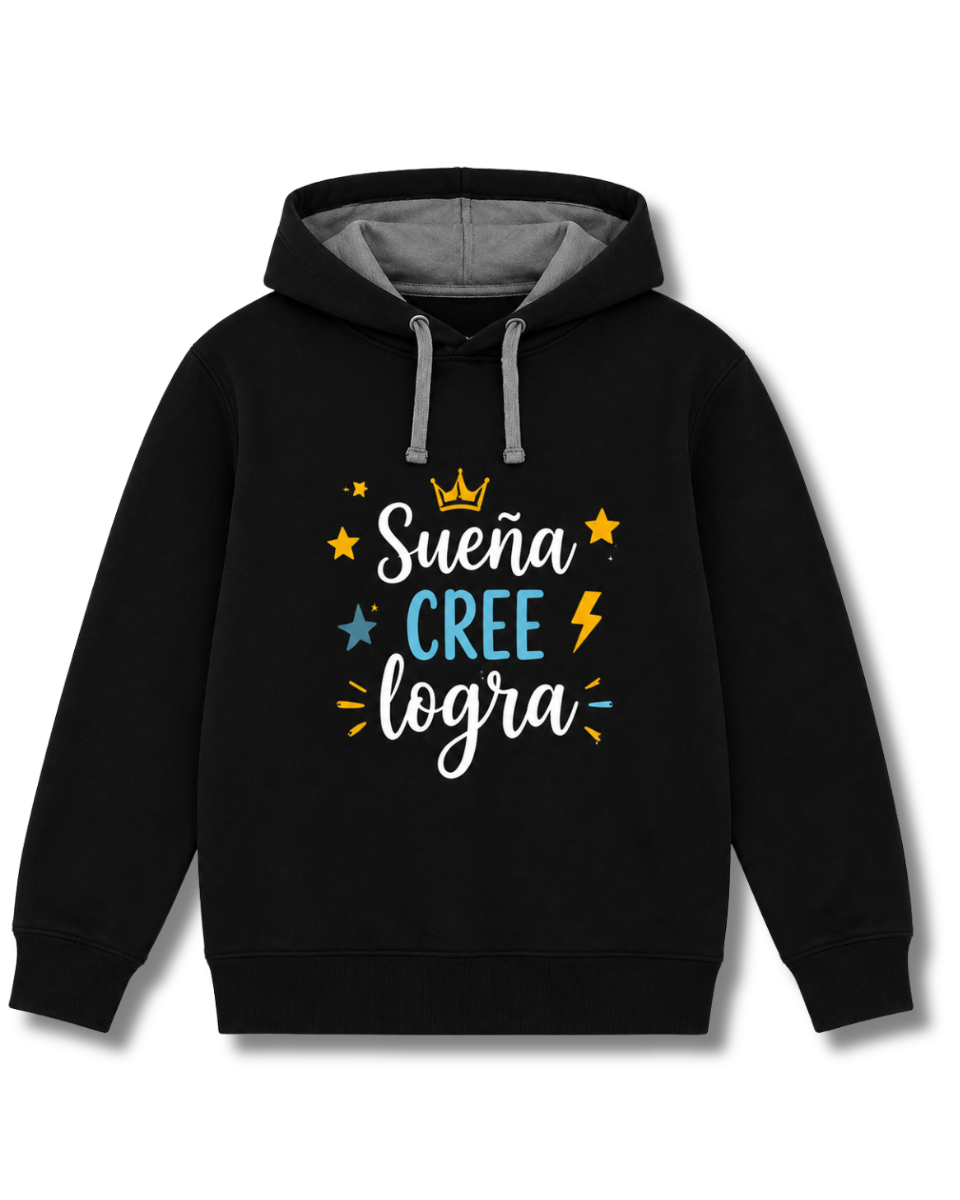Sudadera Infantil con Capucha - Sudadera para Niños con Mensaje Motivacional "Sueña Cree Logra" - Ropa Juvenil Cómoda con Capucha Bicolor