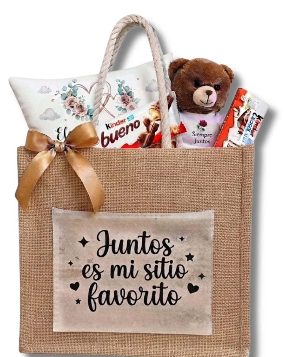 Pack para celebraciones - Caja Sorpresa con cojín, peluche y chocolatinas kinder con Dedicatoria