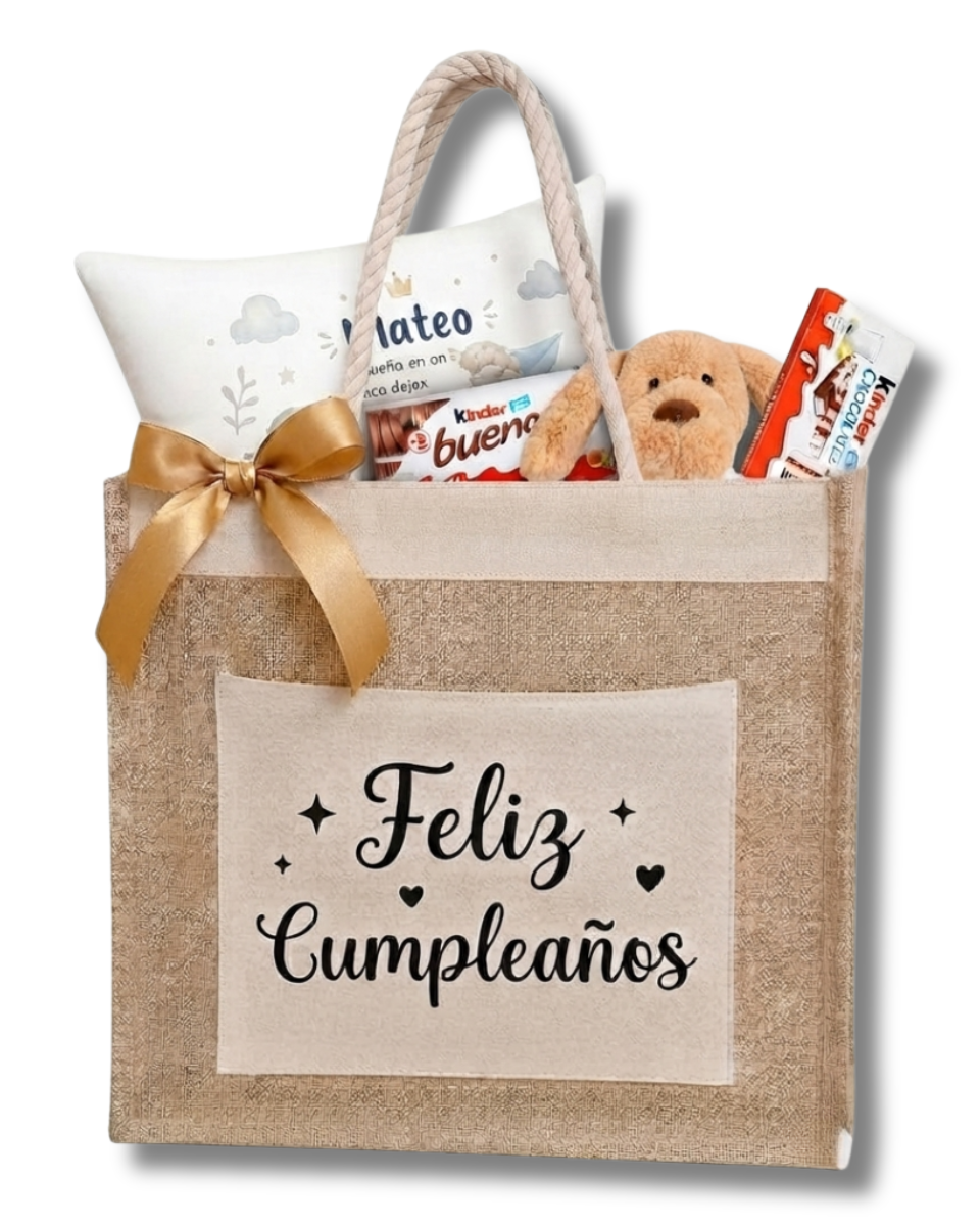 Pack para celebraciones - Caja Sorpresa con cojín, peluche y chocolatinas kinder con Dedicatoria